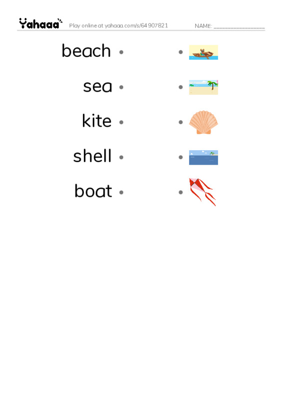 Draw a line to match worksheet for beach, sea, kite and 2 more