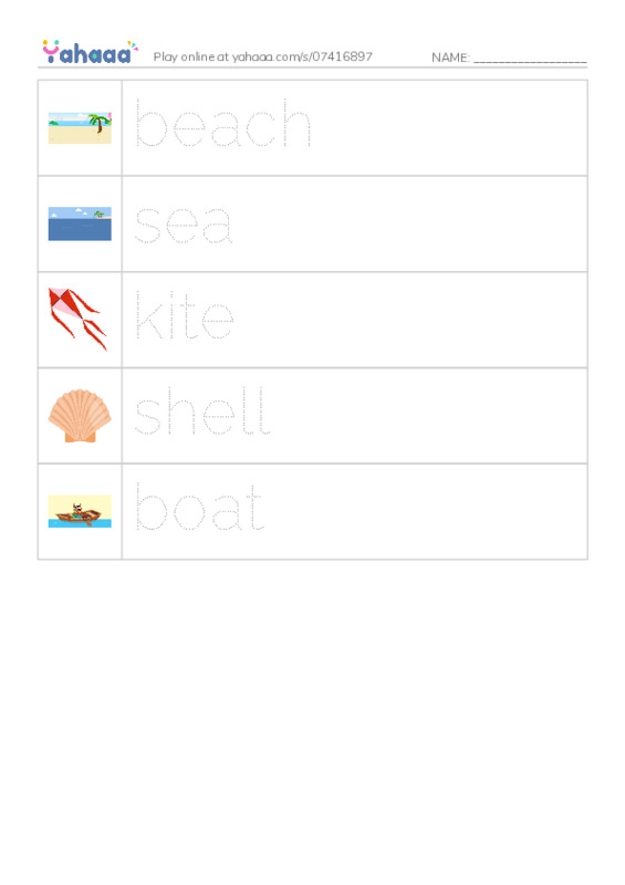Picture and word rows worksheet for beach, sea, kite and 2 more