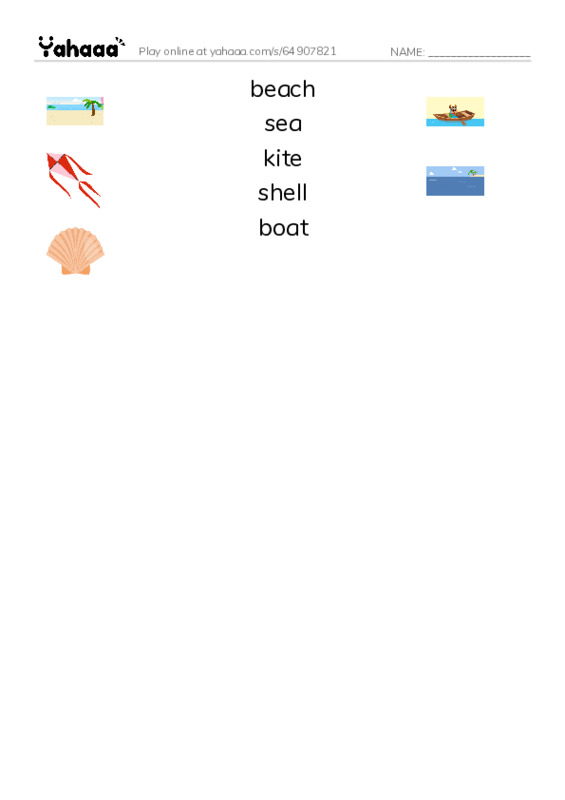 Match both sides worksheet for beach, sea, kite and 2 more