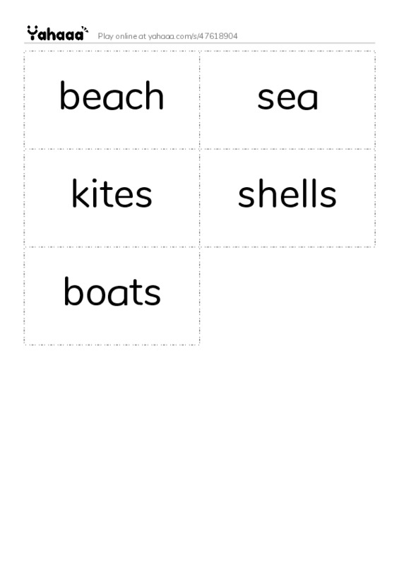 Word flashcards worksheet for beach, sea, kite and 2 more