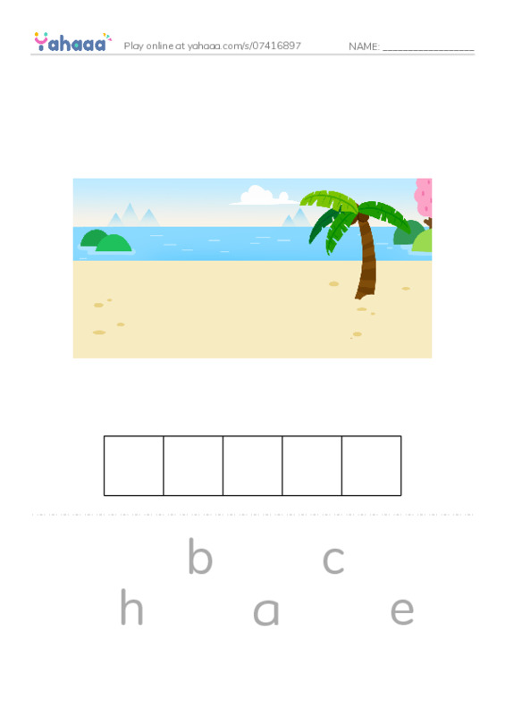 Letter scramble puzzle worksheet for beach, sea, kite and 2 more