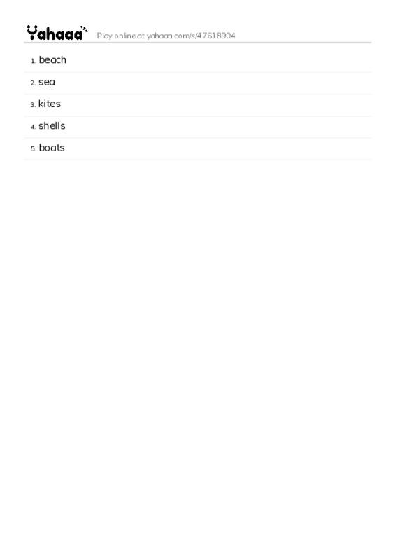 Word list with meanings worksheet for beach, sea, kite and 2 more