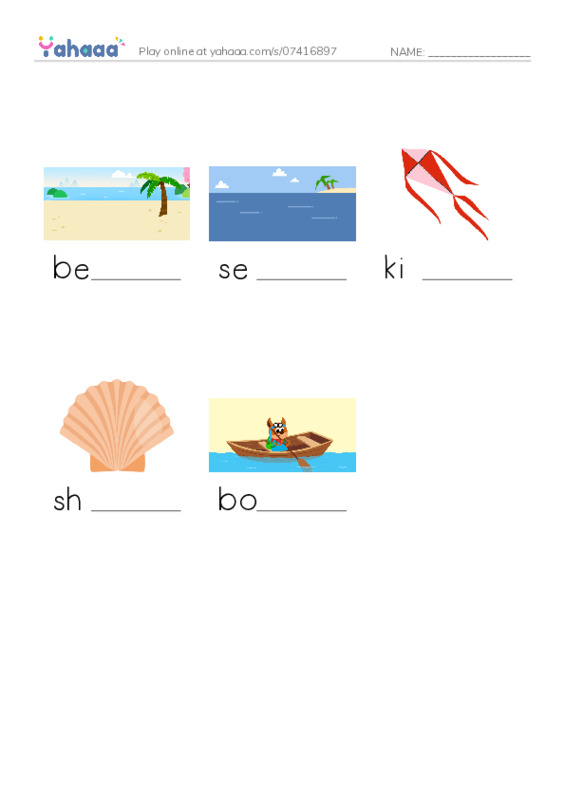 Finish the word worksheet for beach, sea, kite and 2 more
