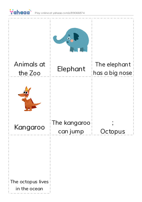Picture flashcards worksheet for Animals at the Zoo, Elephant, The elephant has a big nose and 4 more