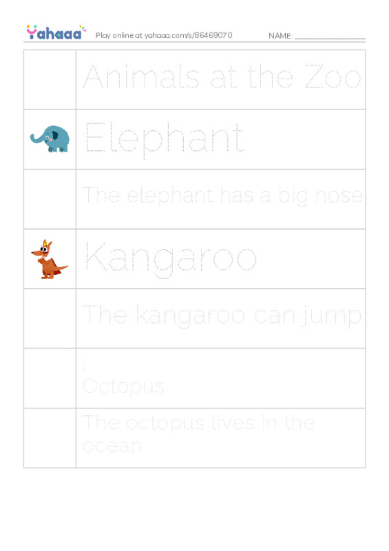 Picture and word rows worksheet for Animals at the Zoo, Elephant, The elephant has a big nose and 4 more