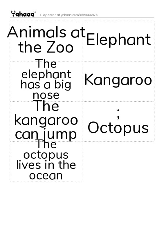 Word flashcards worksheet for Animals at the Zoo, Elephant, The elephant has a big nose and 4 more