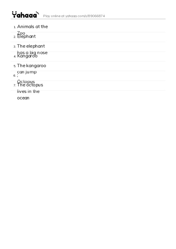 Word list with meanings worksheet for Animals at the Zoo, Elephant, The elephant has a big nose and 4 more