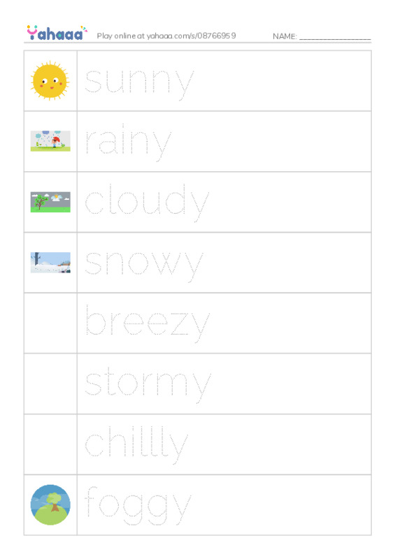 Picture and word rows worksheet for WEATHER