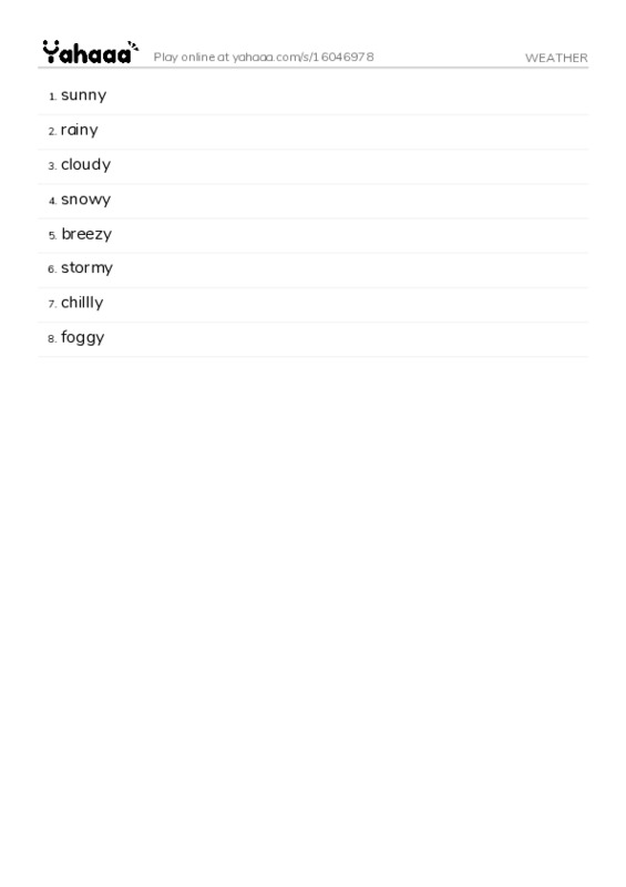 Word list with meanings worksheet for WEATHER