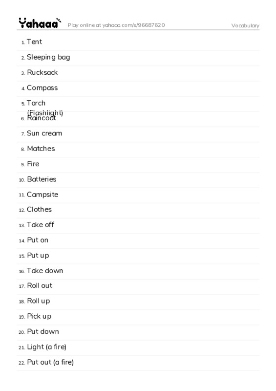 Word list with meanings worksheet for Vocabulary