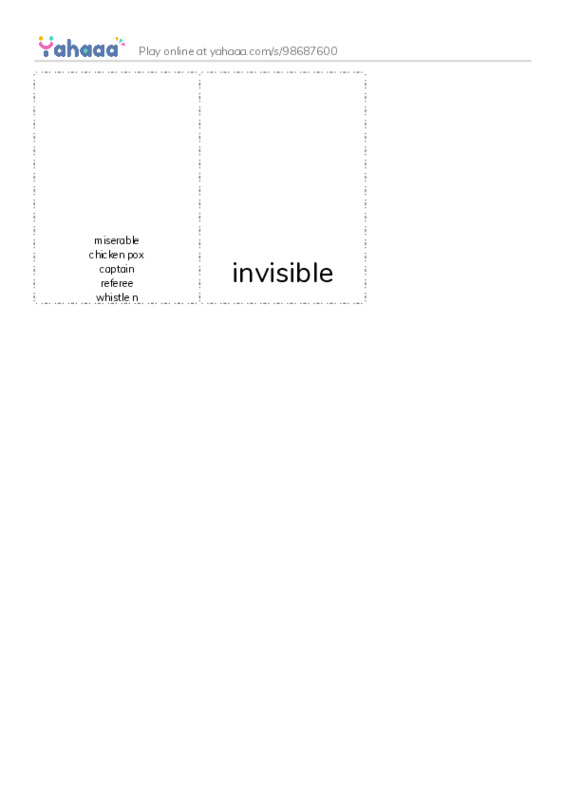 Picture flashcards worksheet for miserable
chicken pox
captain
referee
whistle n, invisible