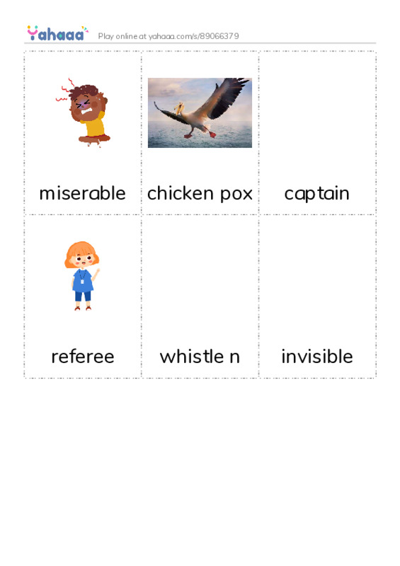 Picture flashcards worksheet for miserable, chicken pox, captain and 3 more