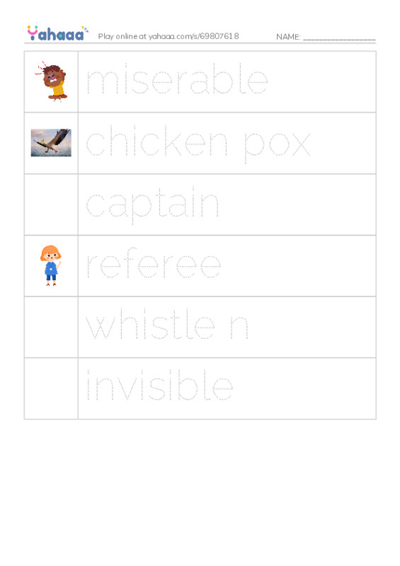 Picture and word rows worksheet for miserable, chicken pox, captain and 3 more
