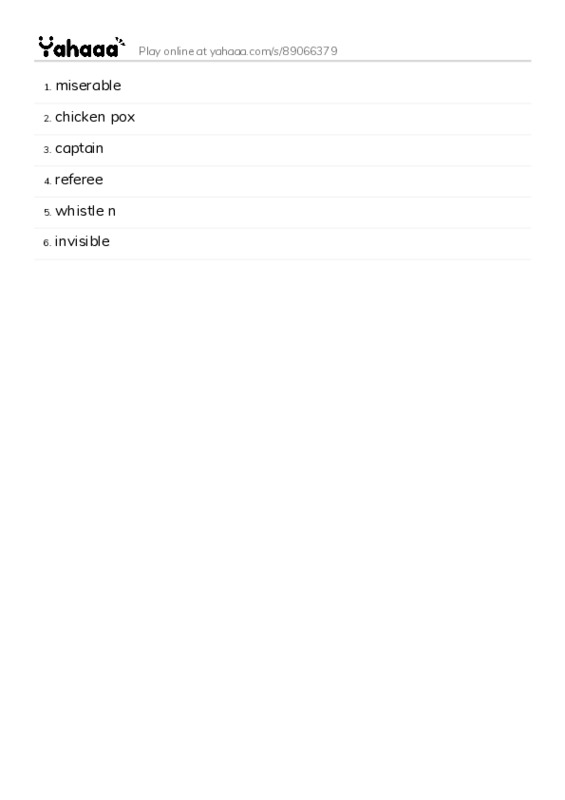 Word list with meanings worksheet for miserable, chicken pox, captain and 3 more