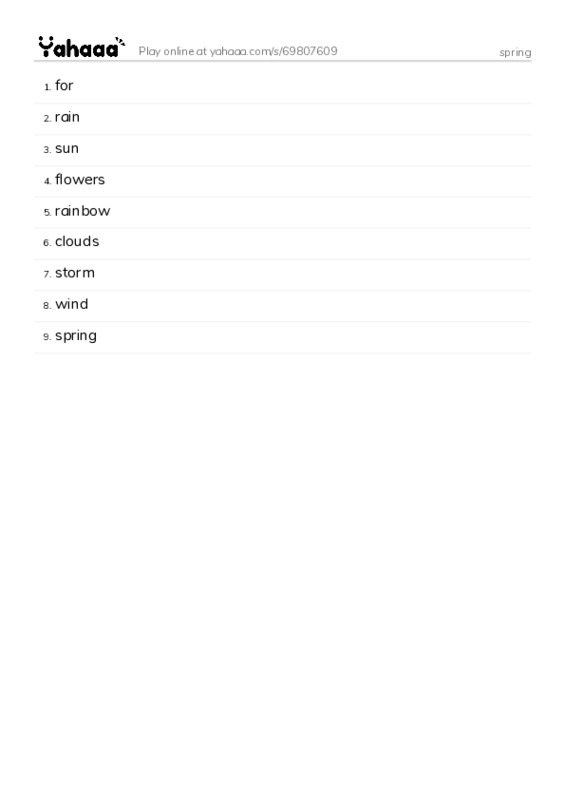 Word list with meanings worksheet for spring