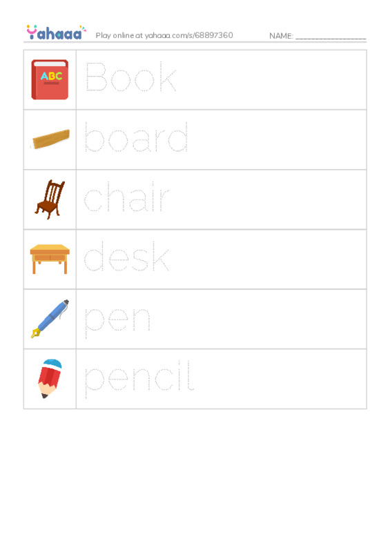 Picture and word rows worksheet for Classroom items