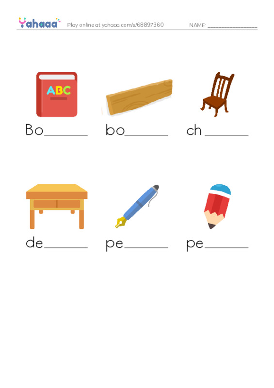Finish the word worksheet for Classroom items