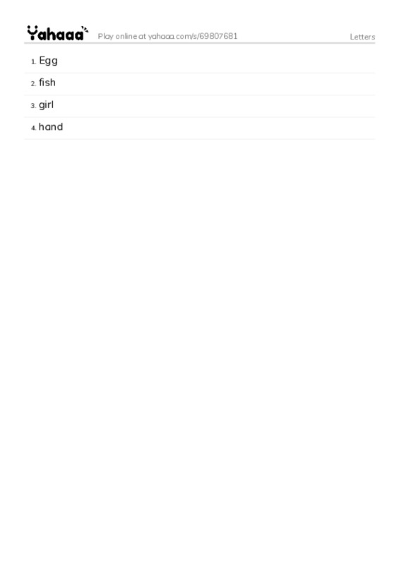 Word list with meanings worksheet for Letters