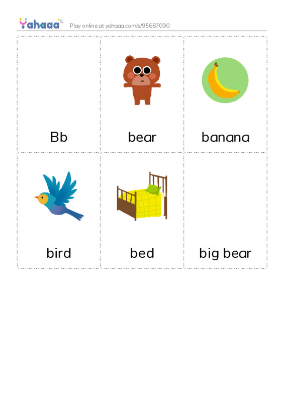 Picture flashcards worksheet for Bb, bear, banana and 3 more