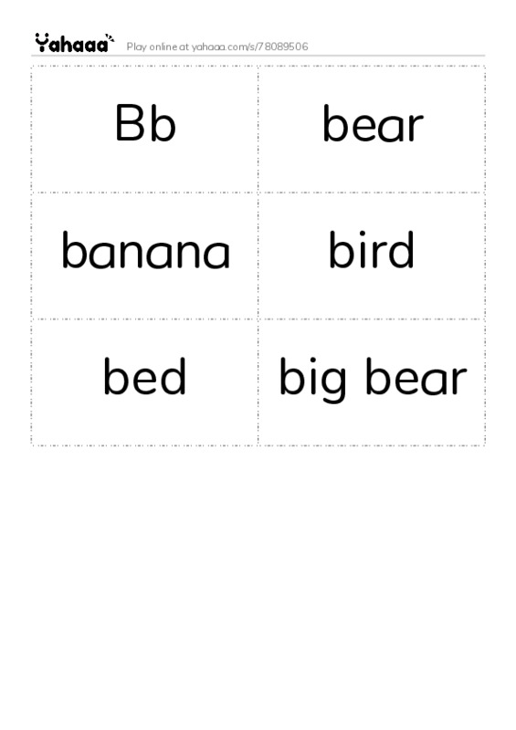 Word flashcards worksheet for Bb, bear, banana and 3 more