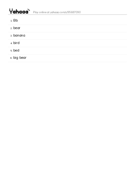 Word list with meanings worksheet for Bb, bear, banana and 3 more