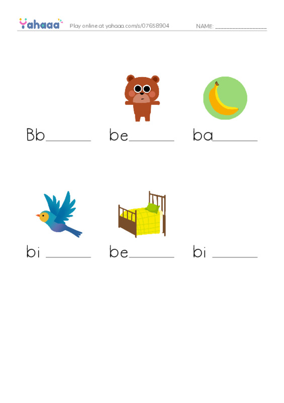 Finish the word worksheet for Bb, bear, banana and 3 more