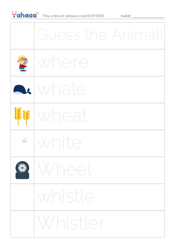Picture and word rows worksheet for Guess the Animal!, where, whale and 12 more