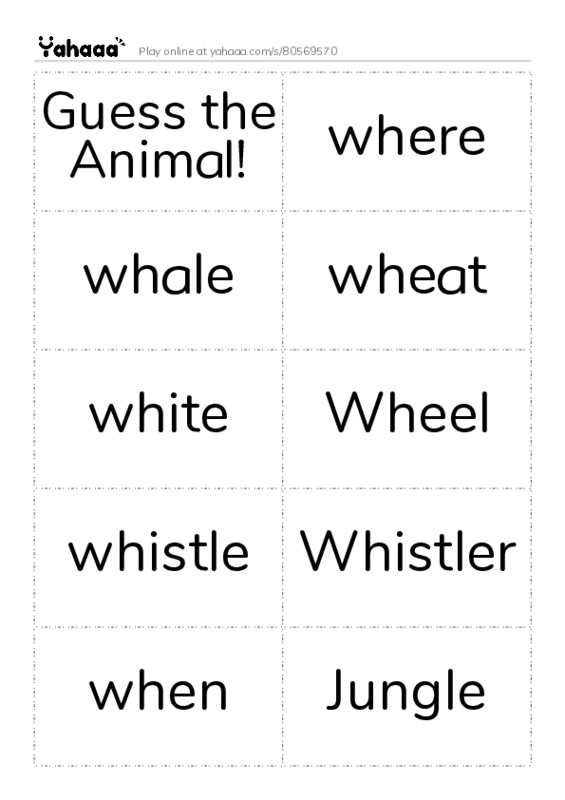 Word flashcards worksheet for Guess the Animal!, where, whale and 12 more