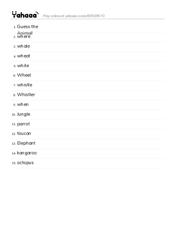 Word list with meanings worksheet for Guess the Animal!, where, whale and 12 more