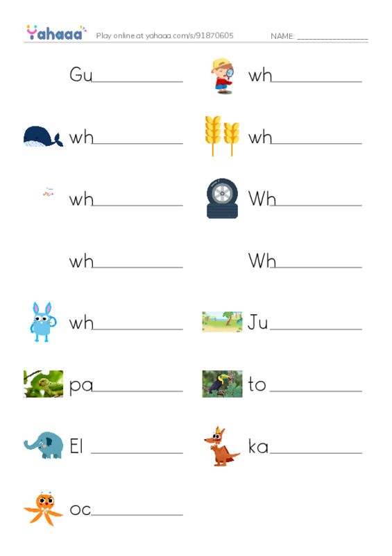 Write the word rows worksheet for Guess the Animal!, where, whale and 12 more