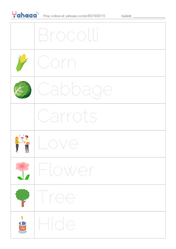 Picture and word rows worksheet for pink