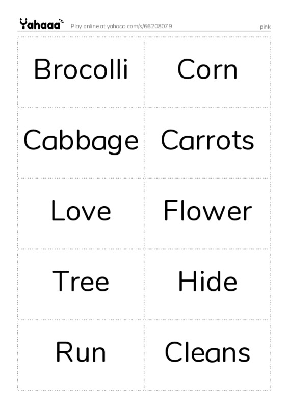 Word flashcards worksheet for pink