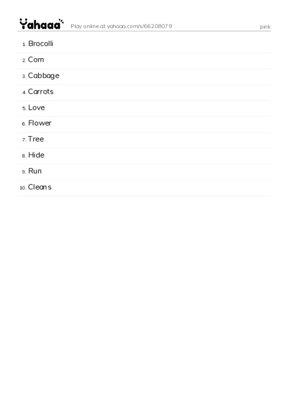 Word list with meanings worksheet for pink