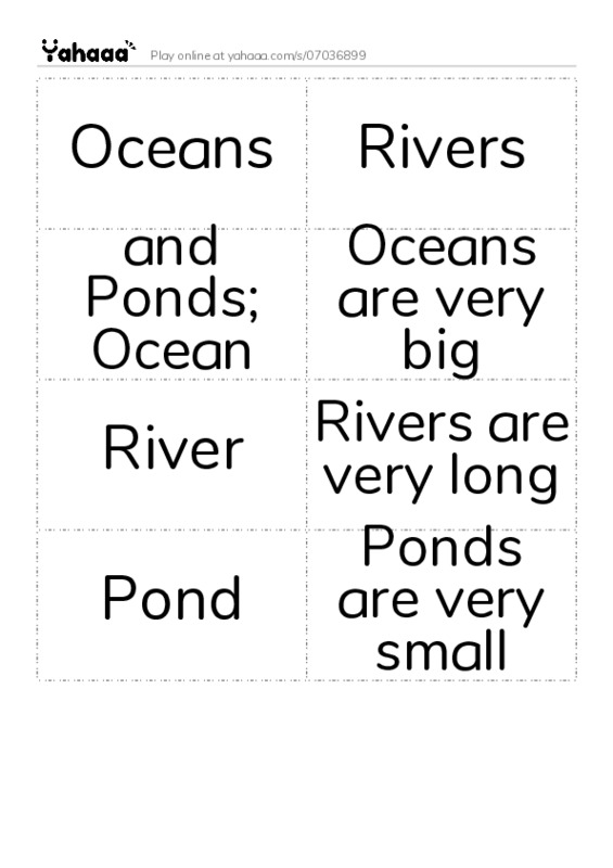 Word flashcards worksheet for Oceans, Rivers, and Ponds;
Ocean and 5 more