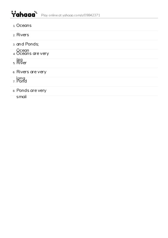 Word list with meanings worksheet for Oceans, Rivers, and Ponds;
Ocean and 5 more