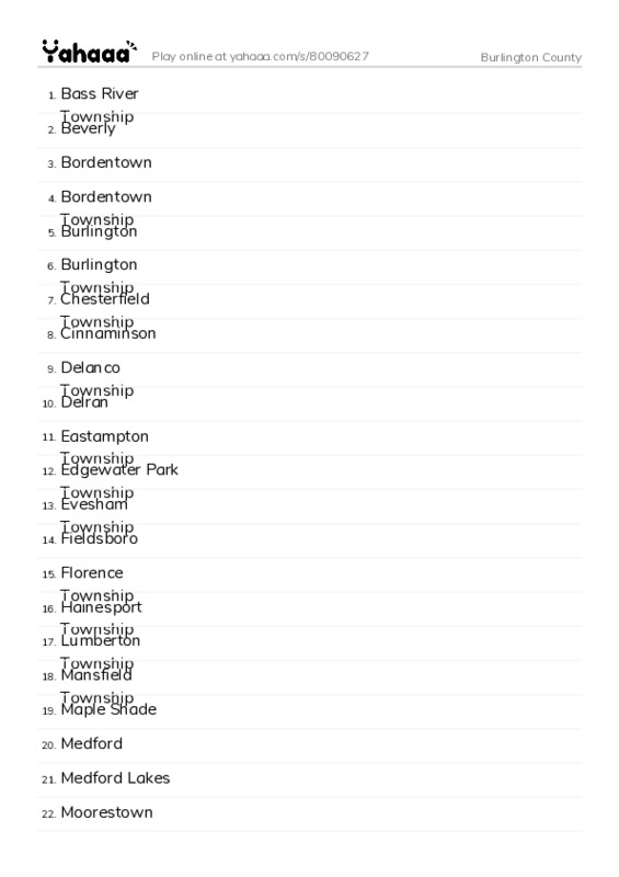 Word list with meanings worksheet for Burlington County