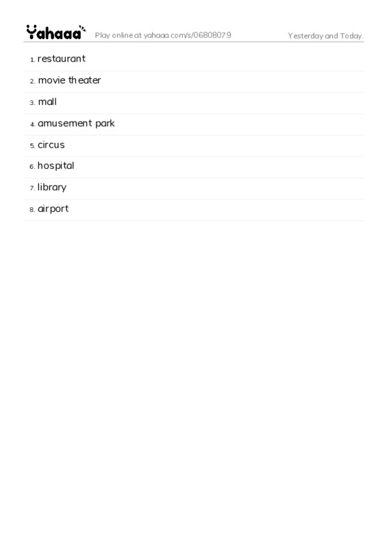Word list with meanings worksheet for Yesterday and Today.