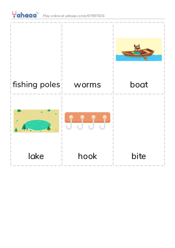Picture flashcards worksheet for fishing poles, worms, boat and 3 more