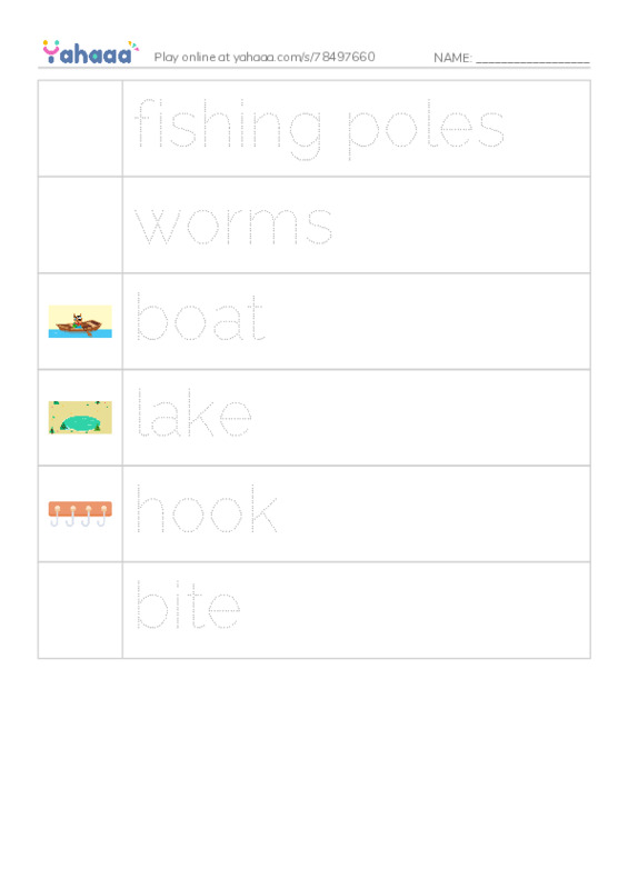 Picture and word rows worksheet for fishing poles, worms, boat and 3 more