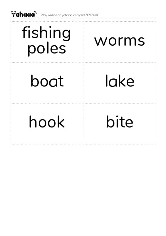 Word flashcards worksheet for fishing poles, worms, boat and 3 more