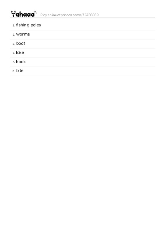 Word list with meanings worksheet for fishing poles, worms, boat and 3 more