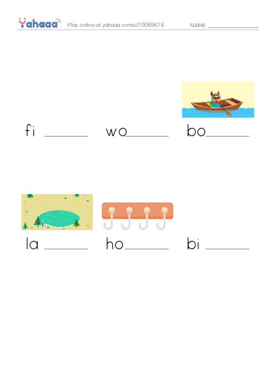 Finish the word worksheet for fishing poles, worms, boat and 3 more