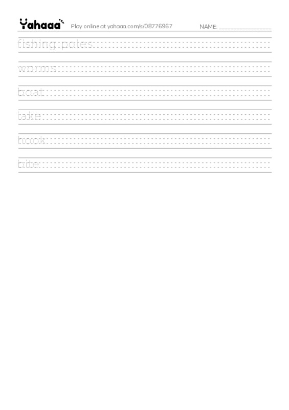 Handwriting lines worksheet for fishing poles, worms, boat and 3 more