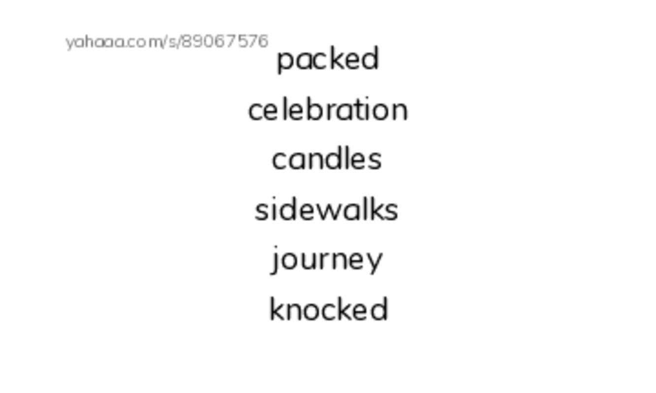 Index cards, words only worksheet for packed
celebration
candles
sidewalks
journey
knocked