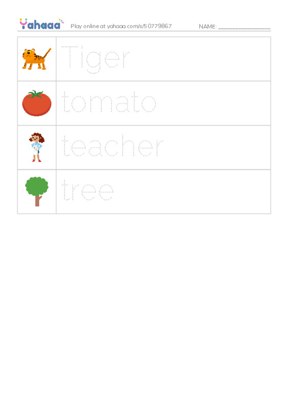 Picture and word rows worksheet for Letter Tt
