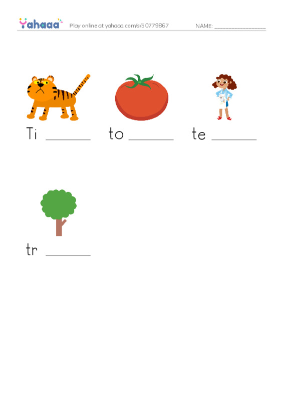 Finish the word worksheet for Letter Tt