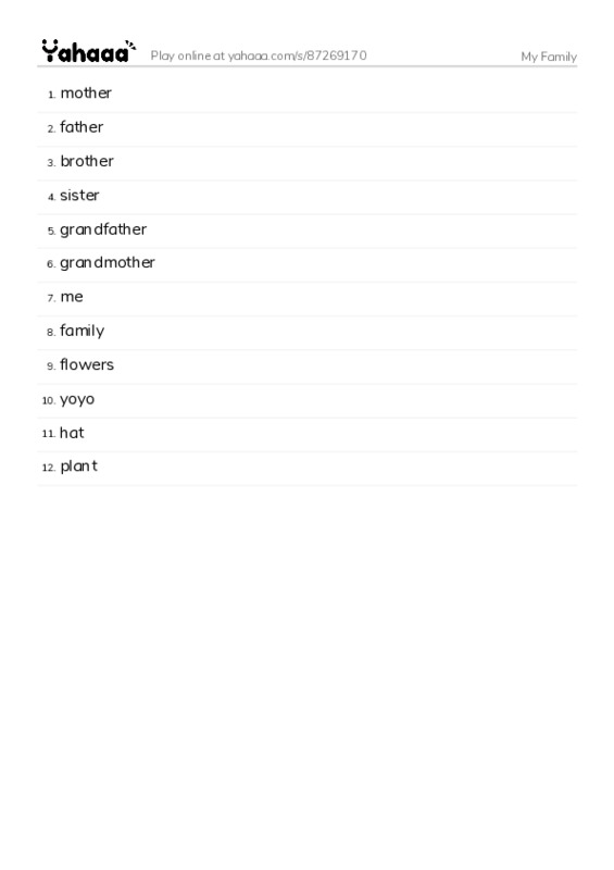Word list with meanings worksheet for My Family