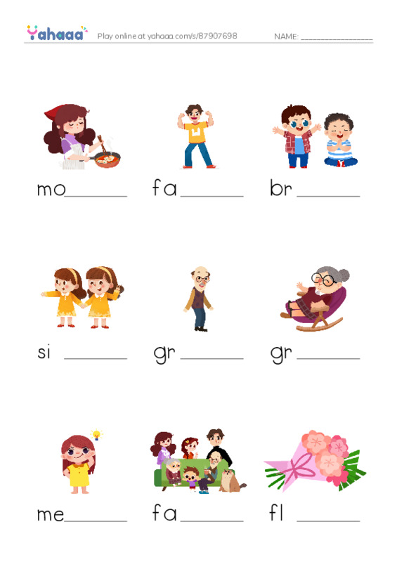 Finish the word worksheet for My Family