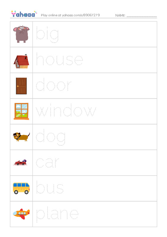 Picture and word rows worksheet for Big
