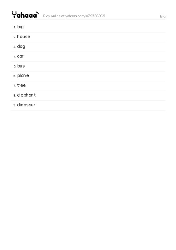 Word list with meanings worksheet for Big